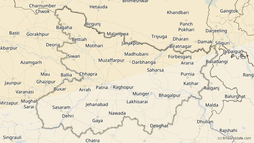 A map of Bihar, Indien, showing the path of the 11. Apr 2051 Partielle Sonnenfinsternis