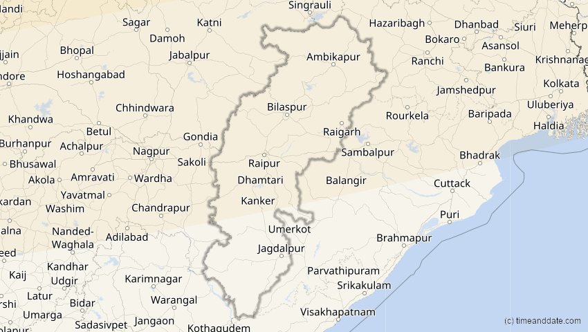 A map of Chhattisgarh, Indien, showing the path of the 11. Apr 2051 Partielle Sonnenfinsternis
