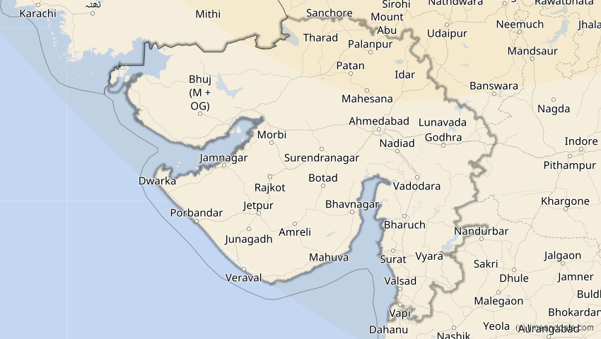 A map of Gujarat, Indien, showing the path of the 11. Apr 2051 Partielle Sonnenfinsternis