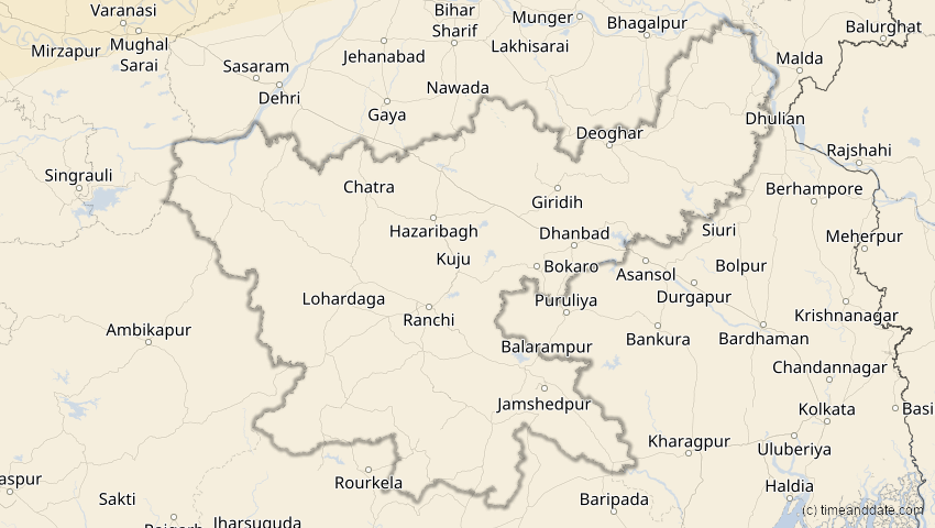 A map of Jharkhand, Indien, showing the path of the 11. Apr 2051 Partielle Sonnenfinsternis