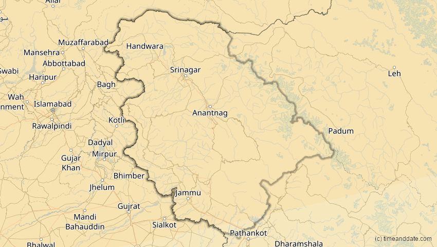 A map of Jammu und Kashmir, Indien, showing the path of the 11. Apr 2051 Partielle Sonnenfinsternis