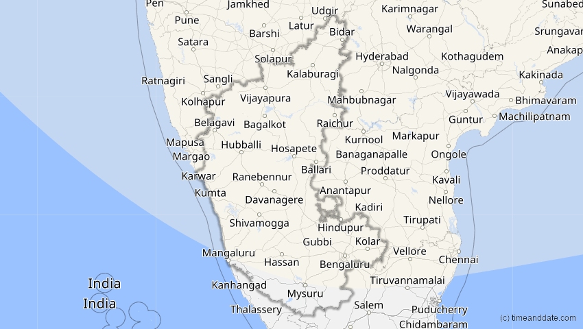 A map of Karnataka, Indien, showing the path of the 11. Apr 2051 Partielle Sonnenfinsternis