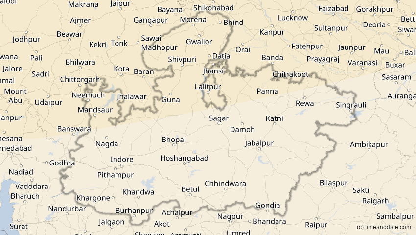 A map of Madhya Pradesh, Indien, showing the path of the 11. Apr 2051 Partielle Sonnenfinsternis