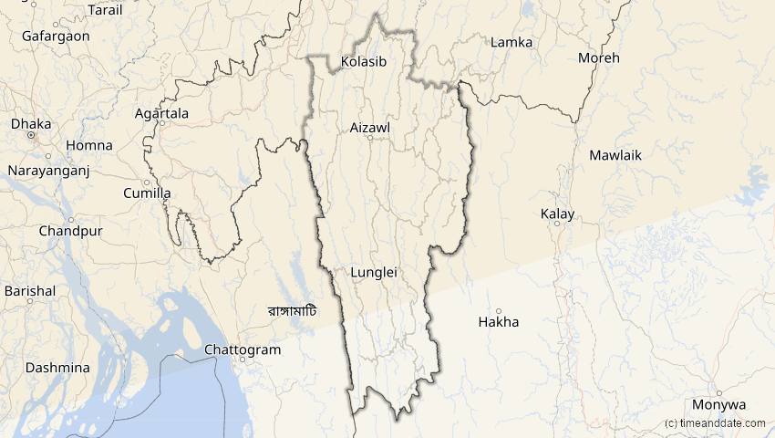 A map of Mizoram, Indien, showing the path of the 11. Apr 2051 Partielle Sonnenfinsternis