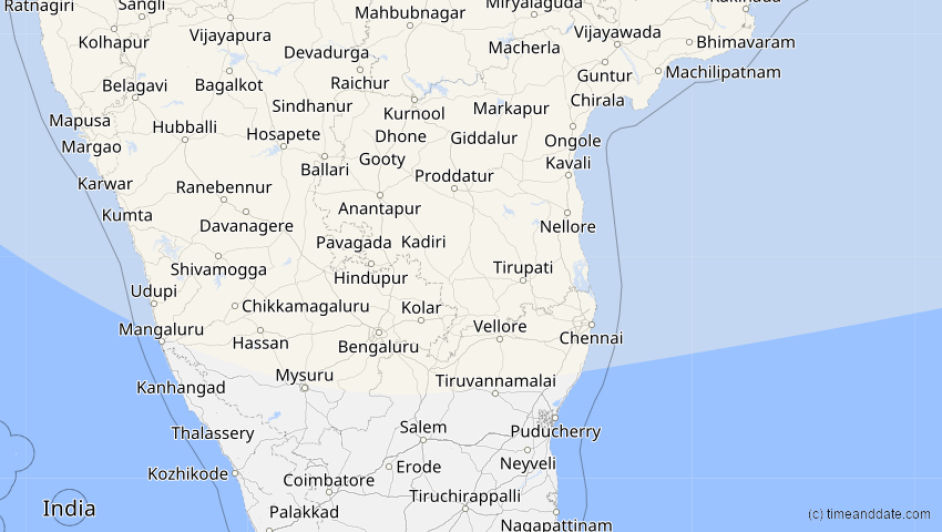 A map of Pondicherry, Indien, showing the path of the 11. Apr 2051 Partielle Sonnenfinsternis