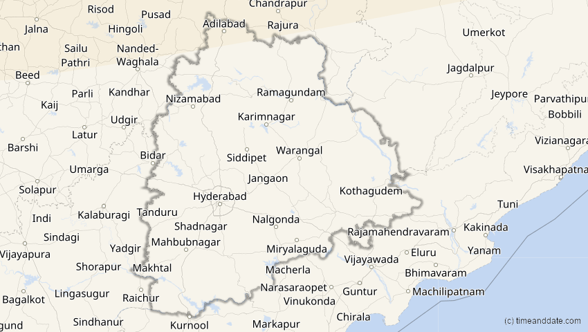 A map of Telangana, Indien, showing the path of the 11. Apr 2051 Partielle Sonnenfinsternis