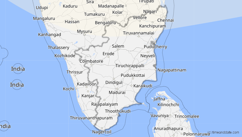 A map of Tamil Nadu, Indien, showing the path of the 11. Apr 2051 Partielle Sonnenfinsternis