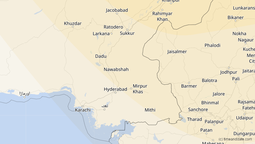 A map of Sindh, Pakistan, showing the path of the 11. Apr 2051 Partielle Sonnenfinsternis