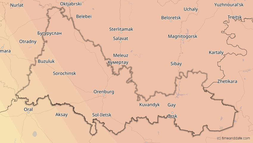 A map of Orenburg, Russland, showing the path of the 11. Apr 2051 Partielle Sonnenfinsternis