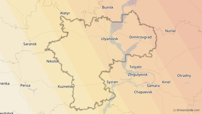 A map of Uljanowsk, Russland, showing the path of the 11. Apr 2051 Partielle Sonnenfinsternis