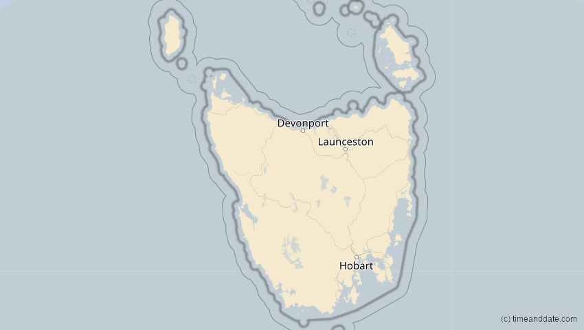 A map of Tasmanien, Australien, showing the path of the 5. Okt 2051 Partielle Sonnenfinsternis