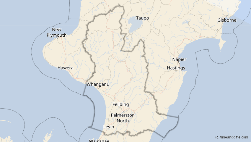 A map of Manawatu-Whanganui, Neuseeland, showing the path of the 5. Okt 2051 Partielle Sonnenfinsternis