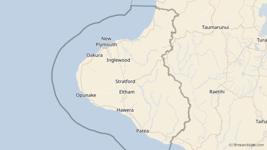 A map of Taranaki, Neuseeland, showing the path of the 5. Okt 2051 Partielle Sonnenfinsternis