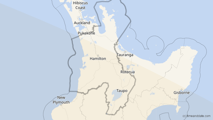 A map of Waikato, Neuseeland, showing the path of the 5. Okt 2051 Partielle Sonnenfinsternis