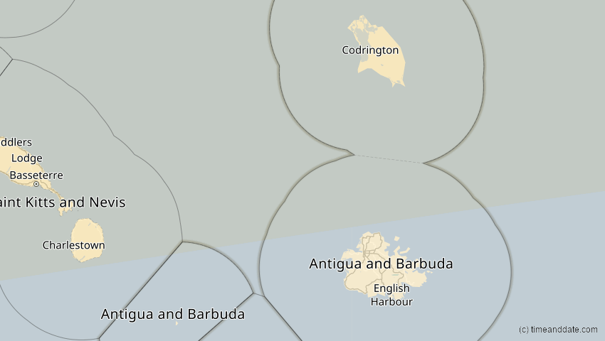 A map of Antigua und Barbuda, showing the path of the 30. Mär 2052 Totale Sonnenfinsternis