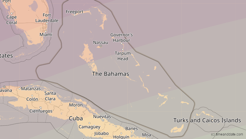 A map of Bahamas, showing the path of the 30. Mär 2052 Totale Sonnenfinsternis