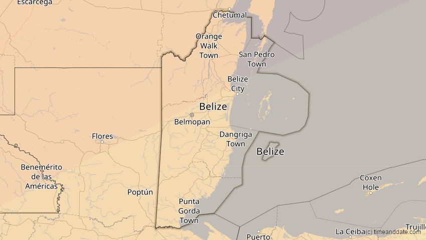 A map of Belize, showing the path of the 30. Mär 2052 Totale Sonnenfinsternis