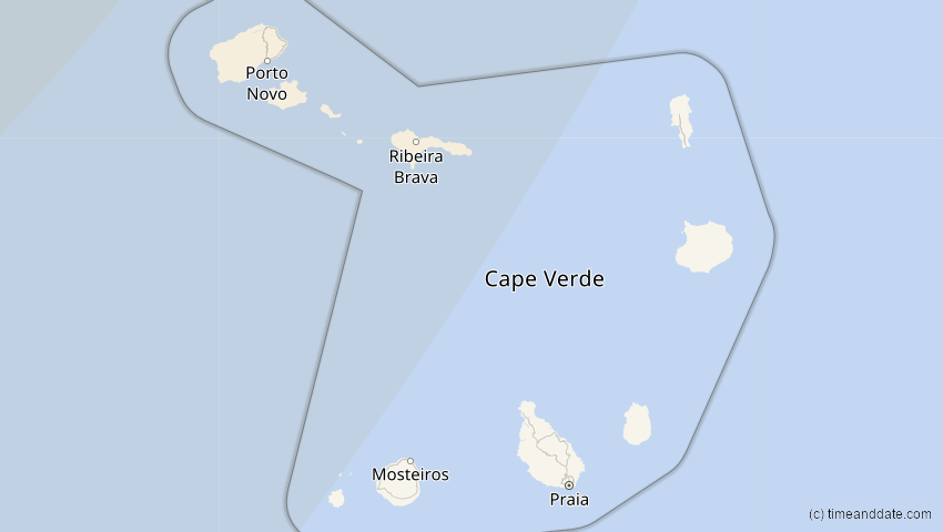 A map of Cabo Verde, showing the path of the 30. Mär 2052 Totale Sonnenfinsternis