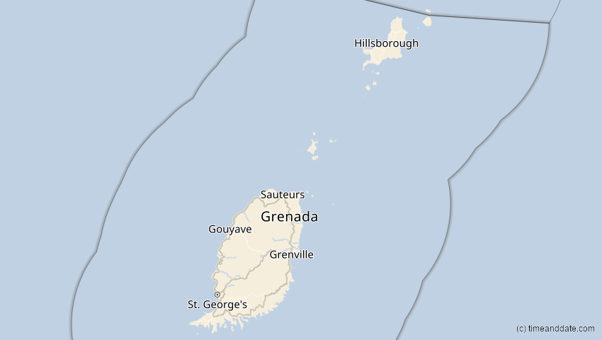 A map of Grenada, showing the path of the 30. Mär 2052 Totale Sonnenfinsternis