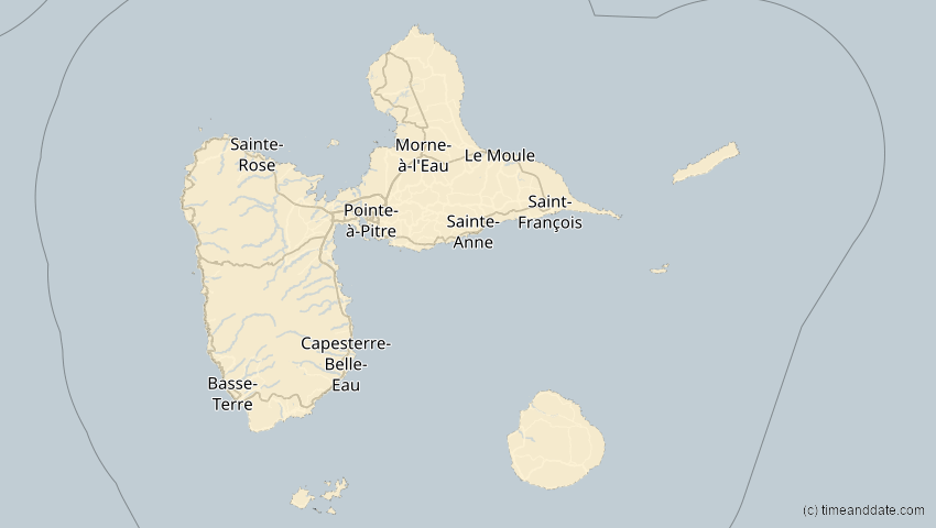 A map of Guadeloupe, showing the path of the 30. Mär 2052 Totale Sonnenfinsternis