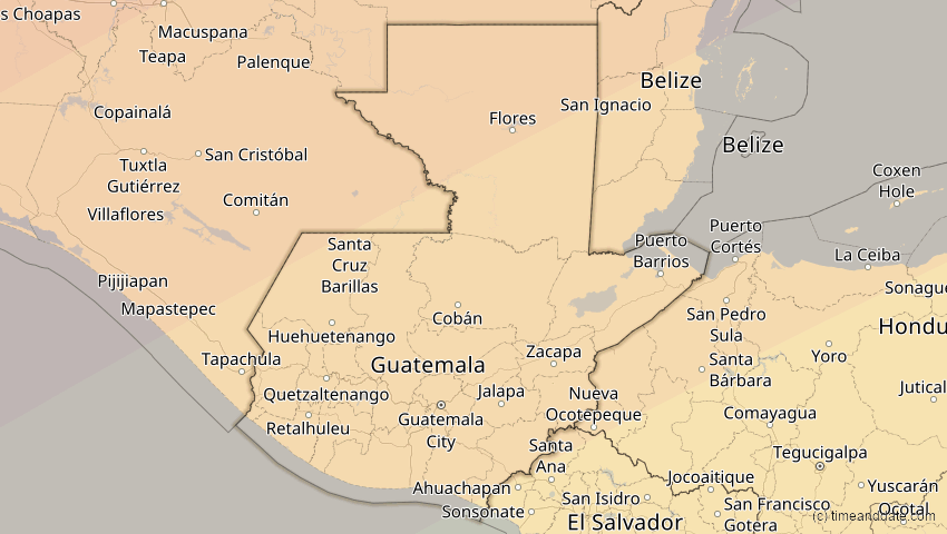 A map of Guatemala, showing the path of the 30. Mär 2052 Totale Sonnenfinsternis