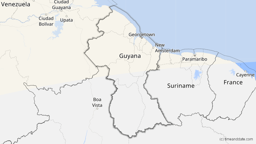A map of Guyana, showing the path of the 30. Mär 2052 Totale Sonnenfinsternis