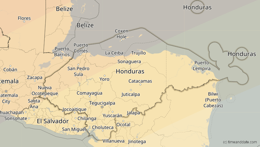 A map of Honduras, showing the path of the 30. Mär 2052 Totale Sonnenfinsternis