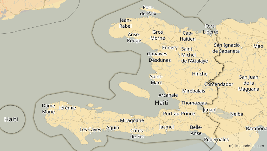 A map of Haiti, showing the path of the 30. Mär 2052 Totale Sonnenfinsternis