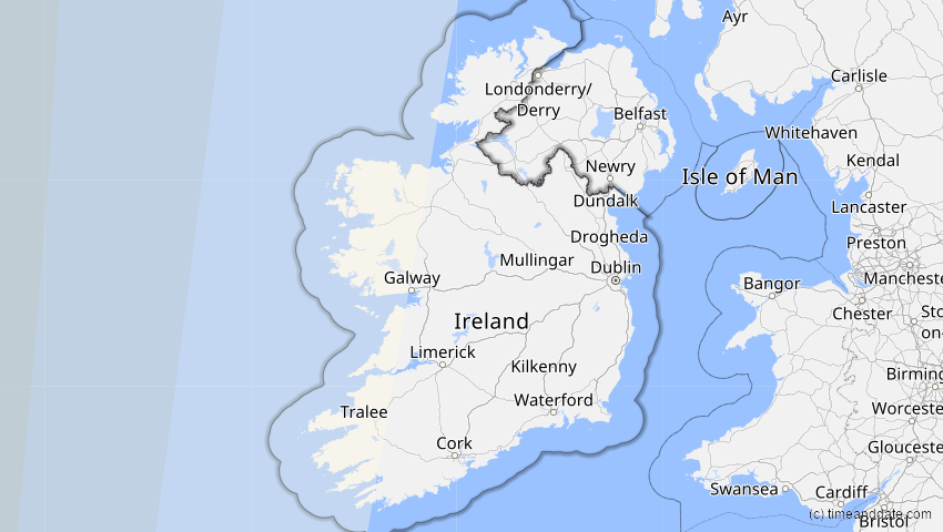 A map of Irland, showing the path of the 30. Mär 2052 Totale Sonnenfinsternis