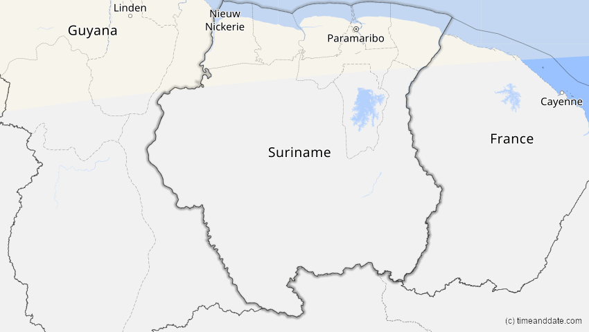 A map of Suriname, showing the path of the 30. Mär 2052 Totale Sonnenfinsternis