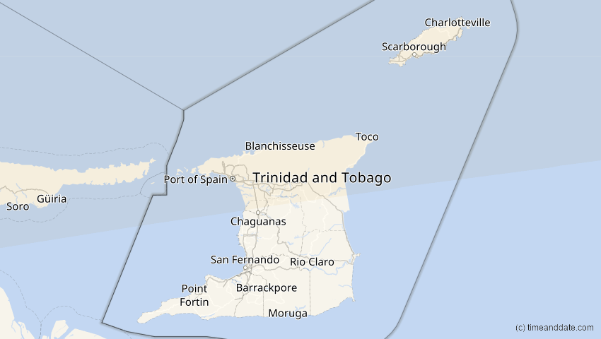 A map of Trinidad und Tobago, showing the path of the 30. Mär 2052 Totale Sonnenfinsternis