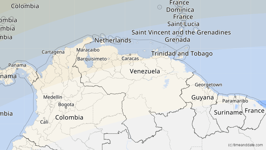 A map of Venezuela, showing the path of the 30. Mär 2052 Totale Sonnenfinsternis