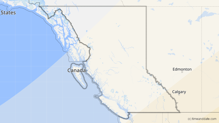 A map of British Columbia, Kanada, showing the path of the 30. Mär 2052 Totale Sonnenfinsternis
