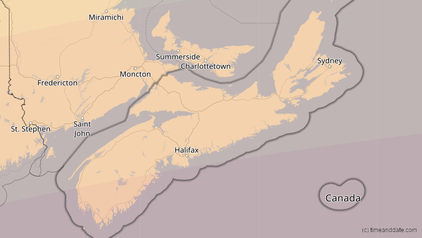 A map of Nova Scotia, Kanada, showing the path of the 30. Mär 2052 Totale Sonnenfinsternis
