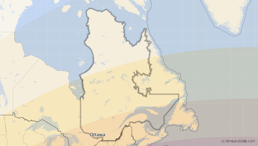 A map of Québec, Kanada, showing the path of the 30. Mär 2052 Totale Sonnenfinsternis