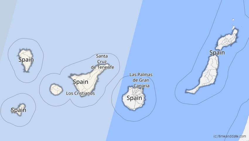 A map of Kanarische Inseln, Spanien, showing the path of the 30. Mär 2052 Totale Sonnenfinsternis