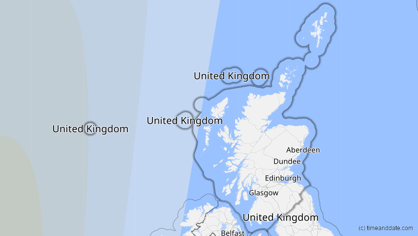 A map of Schottland, Großbritannien, showing the path of the 30. Mär 2052 Totale Sonnenfinsternis