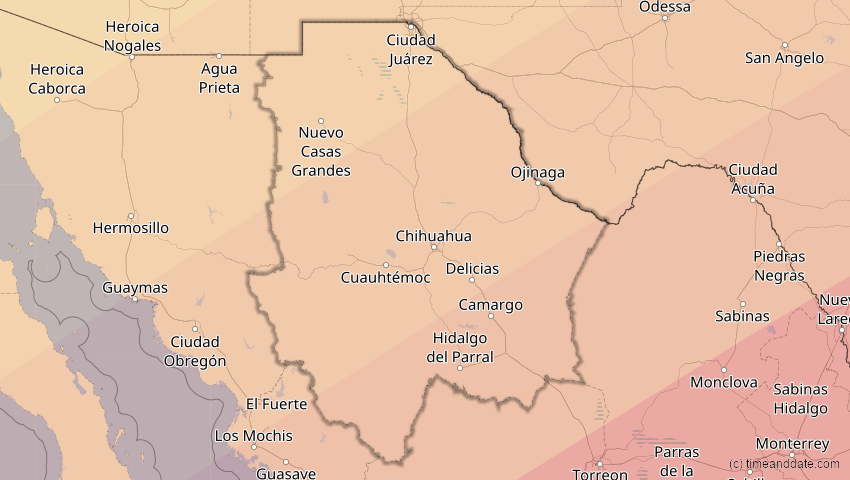 A map of Chihuahua, Mexiko, showing the path of the 30. Mär 2052 Totale Sonnenfinsternis