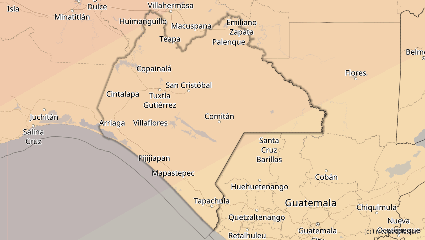 A map of Chiapas, Mexiko, showing the path of the 30. Mär 2052 Totale Sonnenfinsternis