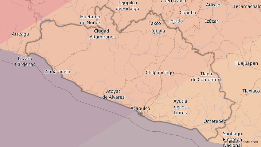 A map of Guerrero, Mexiko, showing the path of the 30. Mär 2052 Totale Sonnenfinsternis