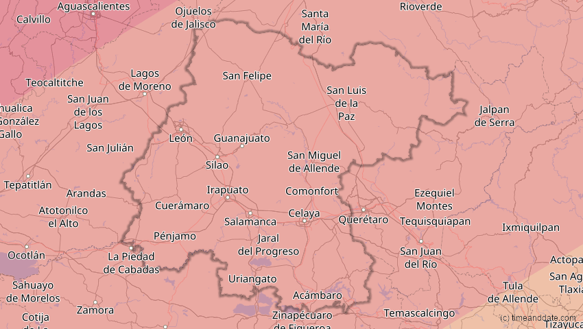 A map of Guanajuato, Mexiko, showing the path of the 30. Mär 2052 Totale Sonnenfinsternis