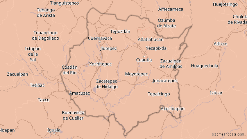 A map of Morelos, Mexiko, showing the path of the 30. Mär 2052 Totale Sonnenfinsternis