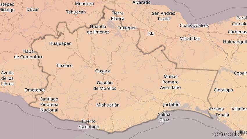 A map of Oaxaca, Mexiko, showing the path of the 30. Mär 2052 Totale Sonnenfinsternis