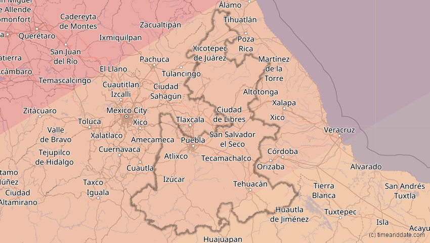A map of Puebla, Mexiko, showing the path of the 30. Mär 2052 Totale Sonnenfinsternis