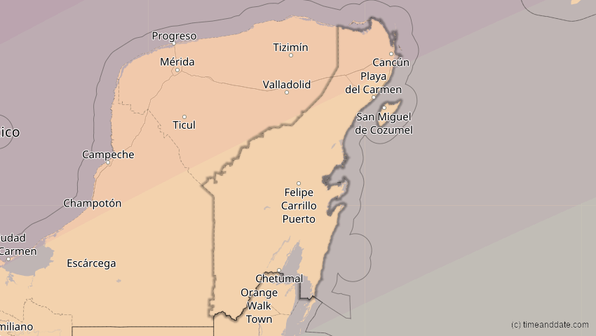 A map of Quintana Roo, Mexiko, showing the path of the 30. Mär 2052 Totale Sonnenfinsternis