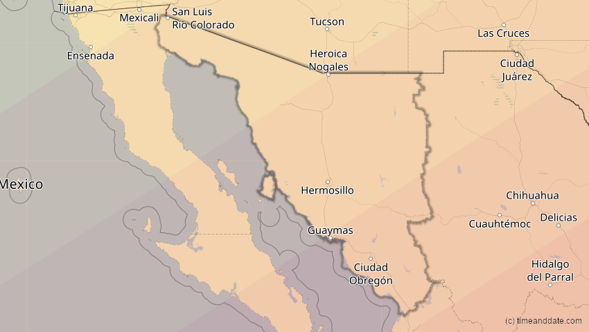 A map of Sonora, Mexiko, showing the path of the 30. Mär 2052 Totale Sonnenfinsternis