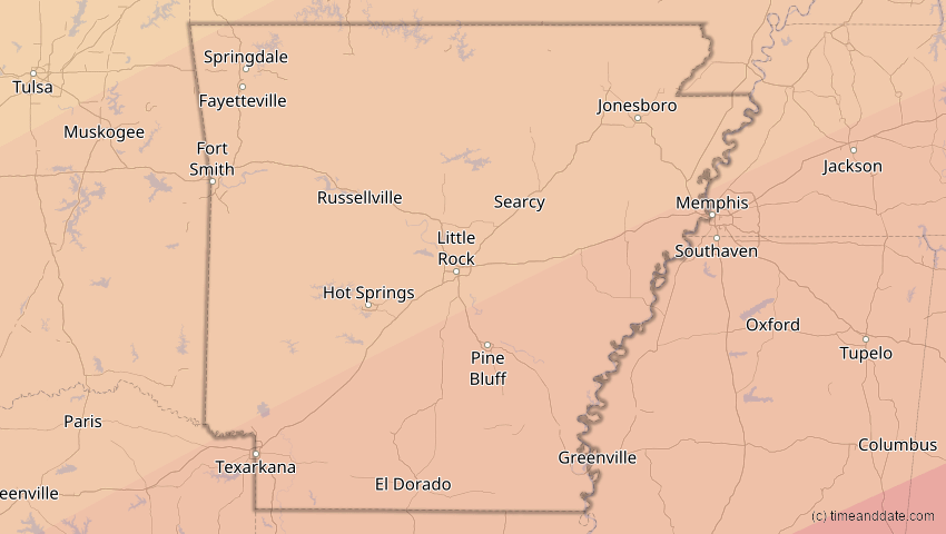 A map of Arkansas, USA, showing the path of the 30. Mär 2052 Totale Sonnenfinsternis