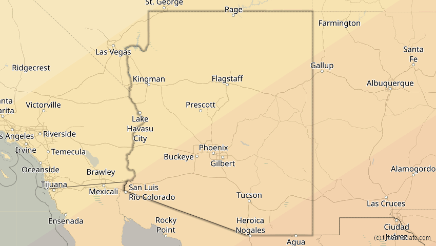 A map of Arizona, USA, showing the path of the 30. Mär 2052 Totale Sonnenfinsternis
