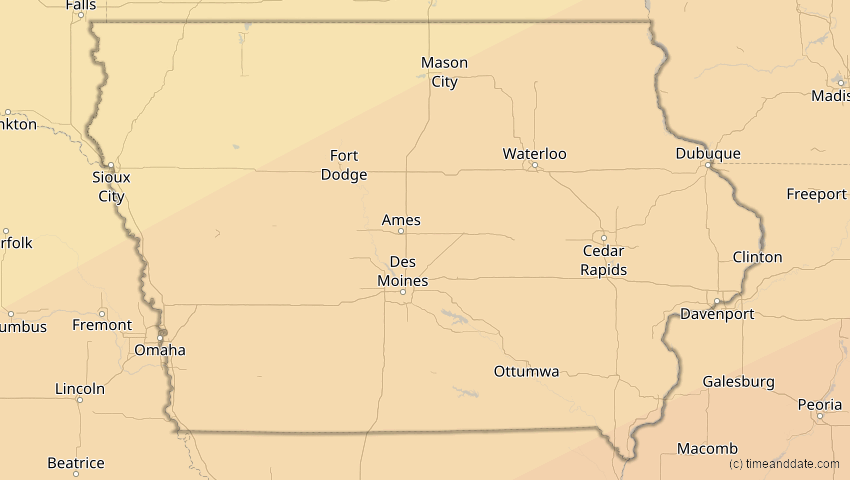 A map of Iowa, USA, showing the path of the 30. Mär 2052 Totale Sonnenfinsternis
