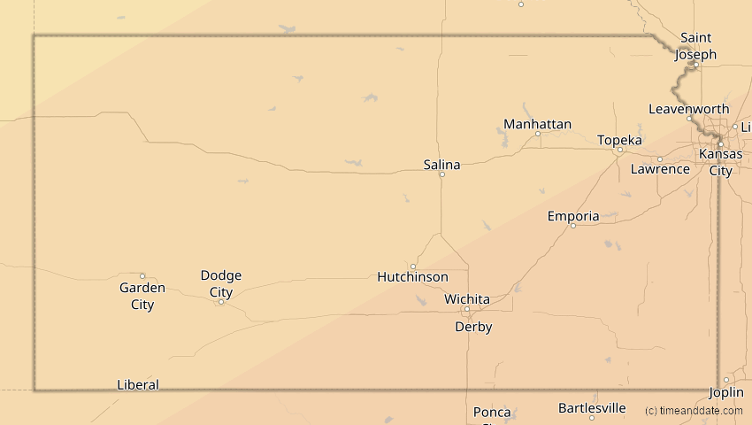 A map of Kansas, USA, showing the path of the 30. Mär 2052 Totale Sonnenfinsternis